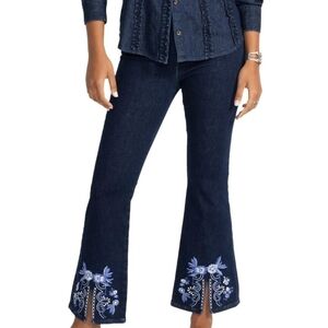 Johnny Was Dark Blue Flare Jeans with Blue Embroidery